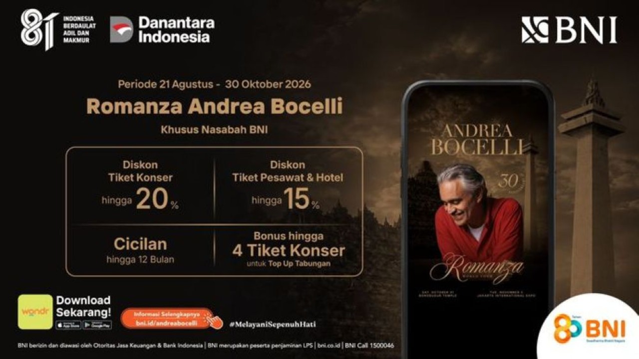 PT Bank Negara Indonesia (Persero) Tbk atau BNI menghadirkan beragam penawaran bagi nasabah yang ingin menyaksikan konser Andrea Bocelli 'Romanza - 30th Anniversary World Tour' di Indonesia. (Foto: Istimewa)
