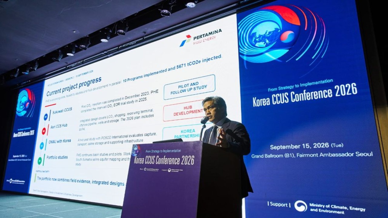 Direktur Investasi & Pengembangan Bisnis PHE, Dannif Utojo Danusaputro, saat menjadi pembicara dalam ajang KCCUS Forum di Seoul, Korea Selatan pada 15 September 2026. (Foto: Dok/Istimewa)