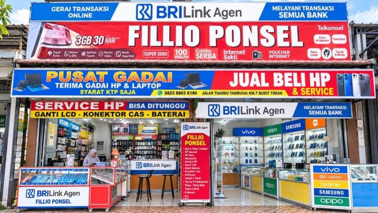 Tampilan depan BRILink Agen Fillio di Dumai, Riau, yang memadukan usaha konter ponsel dengan layanan perbankan untuk mendekatkan akses keuangan dan mendukung perputaran ekonomi warga setempat.