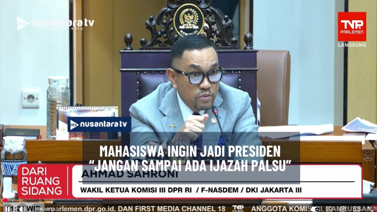 Ketua Komisi III DPR RI Ahmad Sahroni ingatkan mahasiswa Universitas Indonesia jangan gunakan ijazah palsu jika bercita-cita sebagai Presiden.