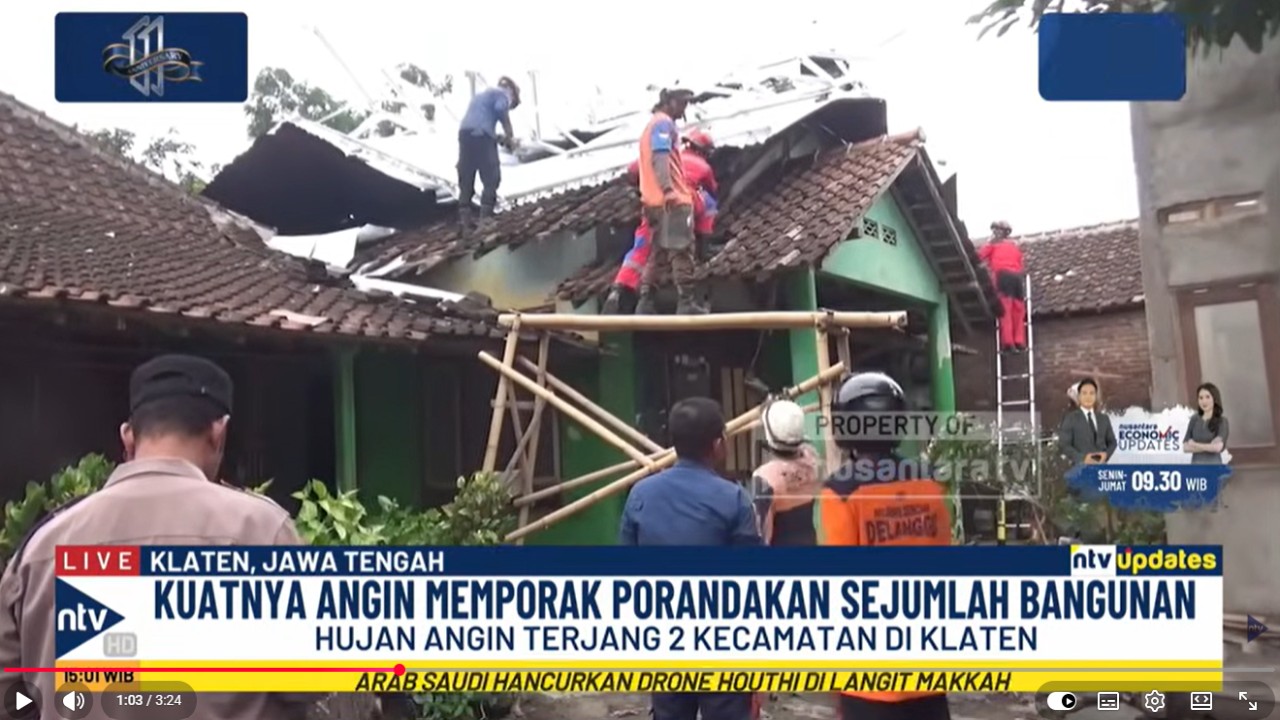 Hujan deras disertai angin kencang menerjang lima desa di dua kecamatan di Kabupaten Klaten, Jawa Tengah